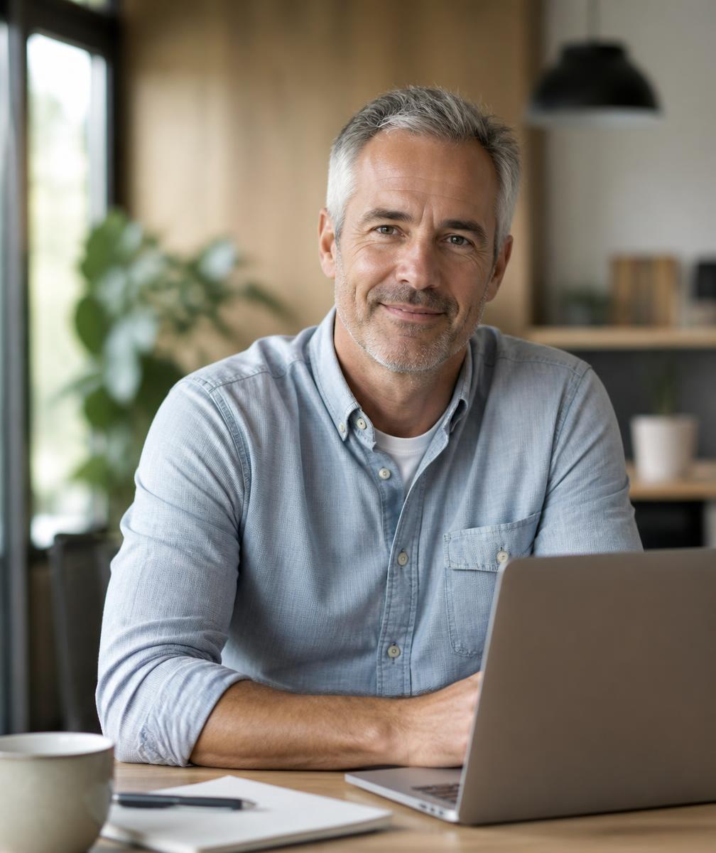 Karl-Heinz Gartner, Leiter des Workshops, an seinem Arbeitsplatz mit Notebook